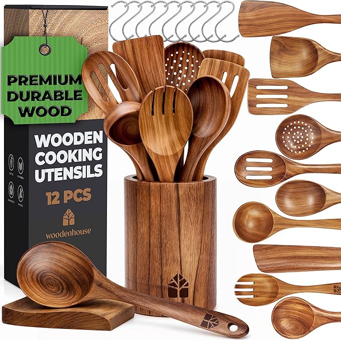 Wooden Spoons for Cooking – Wooden Cooking Utensils Set with Holder, Spoon Rest & Hooks, Teak Wood Nonstick Kitchen Cookware – Durable Set of 12pcs by Woodenhouse by Woodenhouse