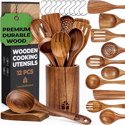 Wooden Spoons for Cooking – Wooden Cooking Utensils Set with Holder, Spoon Rest & Hooks, Teak Wood Nonstick Kitchen Cookware – Durable Set of 12pcs by Woodenhouse by Woodenhouse
