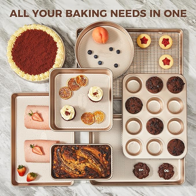 HONGBAKE 9-Piece Baking Pans Set Nonstick, Stackable Non Toxic Bakeware Sets with Diamond Texture, Oven Pan Set for Cooking, Includes Cookie Sheet with Rack, Cake Pan, Roasting Pan, Muffin Tin, Gold - Image 4