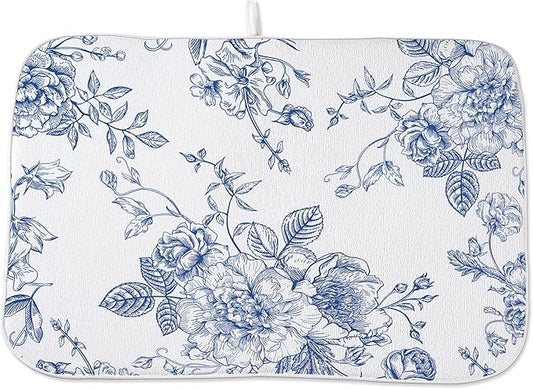 Chinoiserie Floral Dish Drying Mat 18 x 24 inch Vintage Blue Flower Decorative Drying Mats Microfiber Absorbent Dish Washable Draining Mat for Kitchen Counter Decor