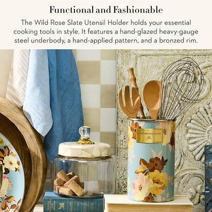 MACKENZIE-CHILDS Enamel Utensil Holder, Stylish Kitchen Countertop Organizer, Wild Rose Slate - Image 2