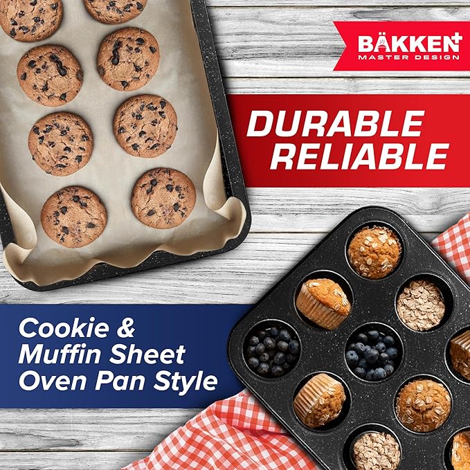 BAKKEN 10-Piece Kitchen Baking Pan Set - Commercial Grade Carbon Steel Bakeware, With Nonstick Coating, Stackable and Space-saving Design, PFOA, PFOS, PTFE Free, Oven Safe (Up To 450°F), Gray Marble - Image 5