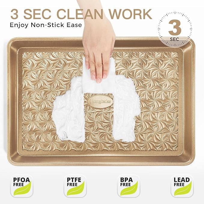 HONGBAKE Nonstick Baking Sheet Pan Set of 3, Cookie Sheets for Oven, Non-Toxic Half/Quarter/Jelly Roll Pans with Floral Swirl Texture, Heavy Duty 0.8mm Thick Oven Trays for Cooking, Antique Gold - Image 6