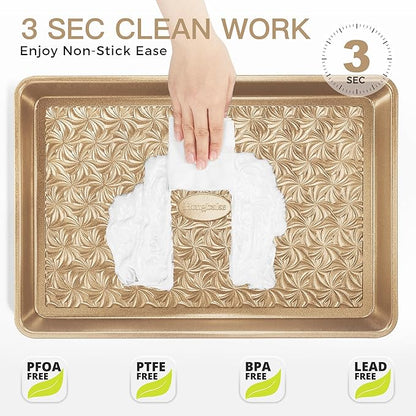 HONGBAKE Nonstick Baking Sheet Pan Set of 3, Cookie Sheets for Oven, Non-Toxic Half/Quarter/Jelly Roll Pans with Floral Swirl Texture, Heavy Duty 0.8mm Thick Oven Trays for Cooking, Antique Gold - Image 6