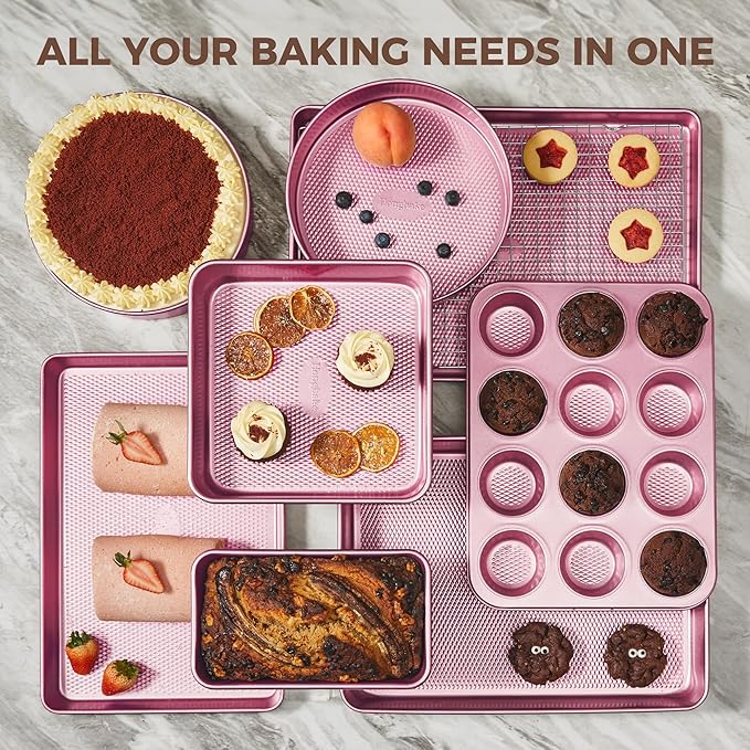 HONGBAKE 9-Piece Baking Pans Set Nonstick, Stackable Non Toxic Bakeware Sets with Diamond Texture, Oven Pan Set for Cooking, Includes Cookie Sheet with Rack, Cake Pan, Roasting Pan, Muffin Tin, Pink - Image 4