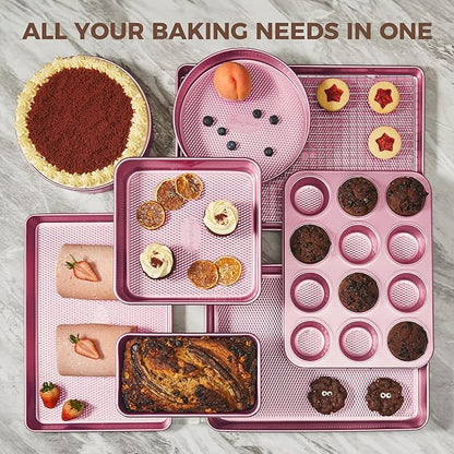 HONGBAKE 9-Piece Baking Pans Set Nonstick, Stackable Non Toxic Bakeware Sets with Diamond Texture, Oven Pan Set for Cooking, Includes Cookie Sheet with Rack, Cake Pan, Roasting Pan, Muffin Tin, Pink - Image 4