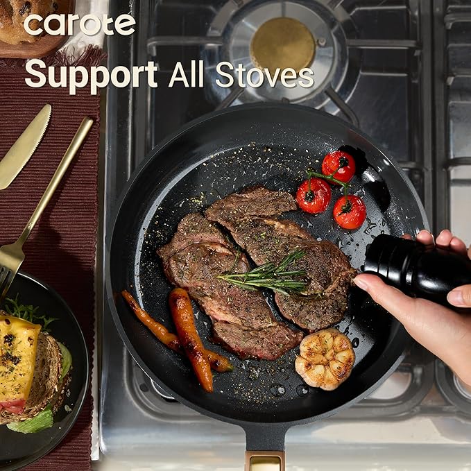 CAROTE Ceramic Cookware Set Nonstick, 16pcs Pots and Pans Set Nonstick, Non-Toxic & PFAS-Free, Dishwasher, RV/Camping Cookware Set, Cooking Pots with Lids, Charcoal Black - Image 4