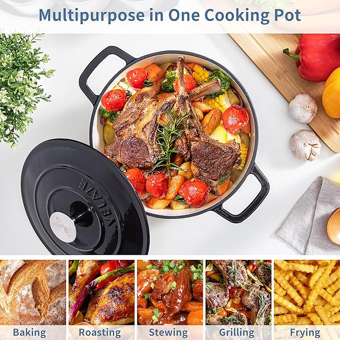 Velaze 6 QT Enameled Cast Iron Dutch Oven, Dual Handles Dutch Oven Pot with Lid,Heavy-Duty Non-stick Round Dutch Oven for Bread Baking, Stewing, Roasting, Good Sealing for All Heat Source (BLACK) - Image 3