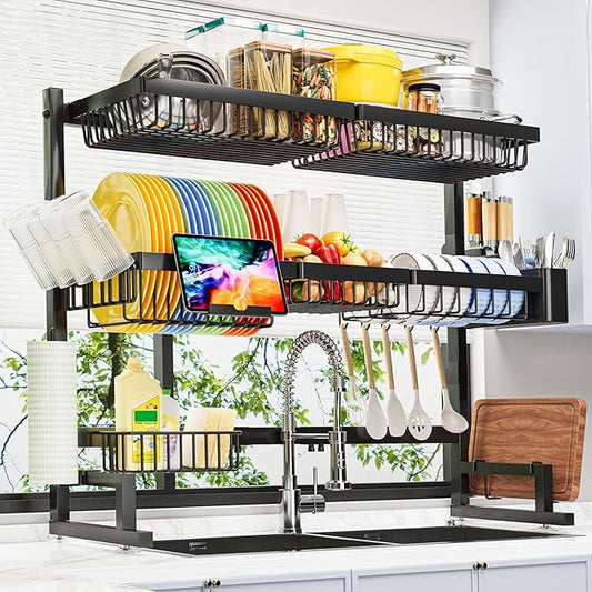 ADBIU Over The Sink Dish Drying Rack (Expandable Height and Length) Snap-On Design 2 Tier Large Dish Rack 31-39.4L x 12W x 34-38H inches by ADBIU