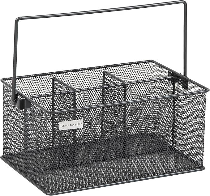Mind Reader Multi-purpose Storage Caddy with Handle, Desktop Organizer, Cutlery Holder, 4 Compartments, Metal Mesh, Gray - Image 6