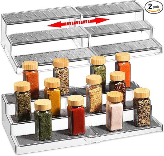 Oizeir Expandable Spice Rack Organizer for Cabinet (2 Pack), 3-Tier Clear Tiered Shelf, Non-Slip Adjustable Spice Cabinet Organizer for Kitchen Pantry, Medicine, Seasoning & Bottle Storage by Oizeir