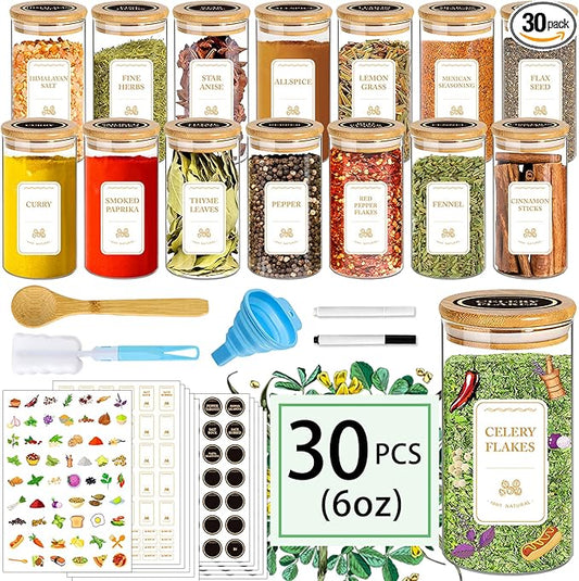 BGraceyy Spice Jars with Labels, 30Pcs 6oz Glass Spice Jars with Bamboo Lids, Minimalist Stackable Airtight Spice Containers with 426 labels for Kitchen Seasoning, Tea, Herbs, Coffee, Sugar,Shells by BGraceyyMoments