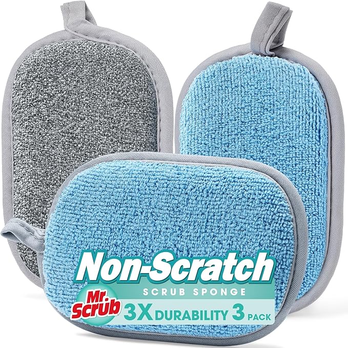 Sponges Kitchen Dish Sponge for Washing Dishes Cleaning Kitchen, All-Purpose, 3 Pack, Non Scratch, Rough Scrubbers Side for Non-Stick Cookware, Soft Microfiber Scrub Side for Dishes, Mr. Scrub by MrScrubCleaninghelpers