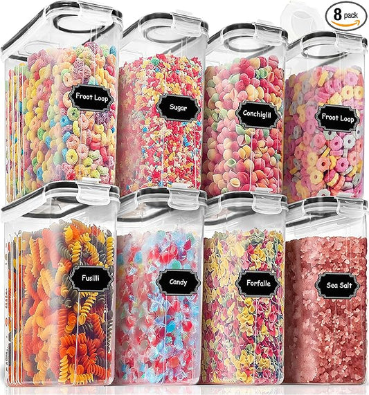 PRAKI Cereal Containers Storage Set (4L,135.2 Oz), 8PCS Airtight Food Storage Containers with Lids for Kitchen & Pantry Organizers and Storage, Cereal Dispensers with 20 labels, Measuring Cup & Marker by PRAKI