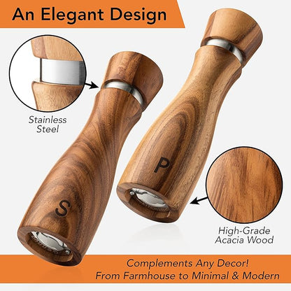 Gennua Kitchen Wooden Salt and Pepper Grinder Set: Refillable Salt & Pepper Mills Adjust for Customized Coarseness, Crafted of Solid Acacia Wood with Ceramic/Stainless Steel Core, 8 Inches Each - Image 3