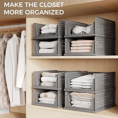Pinkpum 6 Pack Black Closet Organizers and Storage Plastic Stackable Storage Bins, Morden Foldable Drawer Shelf Storage Container for Wardrobe Kitchen Bathroom Dorm - Image 5