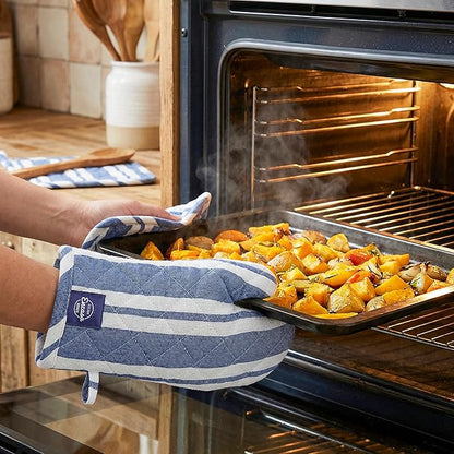 Encasa XO Heat Resistant 100% Cotton Oven Glove & Potholder Set with Loop, Kitchen Cooking Mittens, Microwave Safe Hot Pads (Franca Blue Stripes)