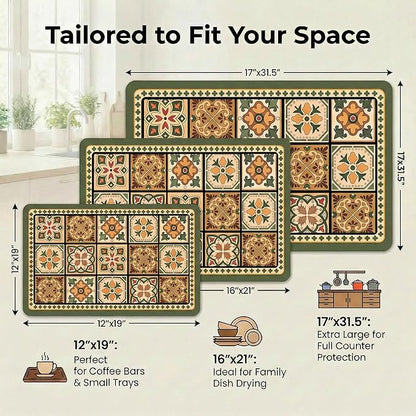 Boho Dish Drying Mat for Kitchen Counter - Super Absorbent Faux Leather Kitchen Mat, Quick Dry & Non-Slip Countertop Protector, Aesthetic Bohemian Decor for Coffee Bar (12"x19", Green)