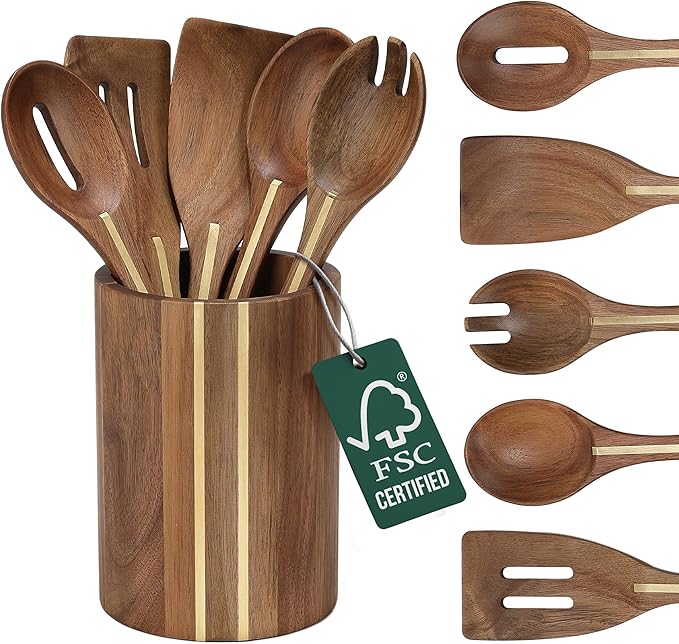 Acacia Utensil Set of 5 with Holder – Premium Wooden Cooking Utensils, Eco Friendly Acacia Wood Spatula & Spoon Set, Nonstick Safe Kitchen Tools by Boxikikitchen