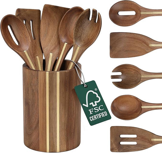Acacia Utensil Set of 5 with Holder – Premium Wooden Cooking Utensils, Eco Friendly Acacia Wood Spatula & Spoon Set, Nonstick Safe Kitchen Tools by Boxikikitchen