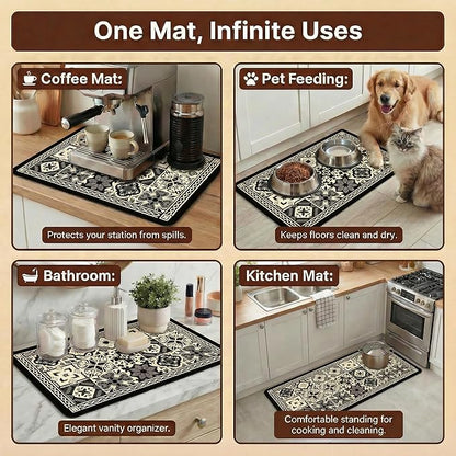 Boho Dish Drying Mat for Kitchen Counter - Super Absorbent Faux Leather Kitchen Mat, Quick Dry & Non-Slip Countertop Protector, Aesthetic Bohemian Decor for Coffee Bar (17"x31.5", Black)