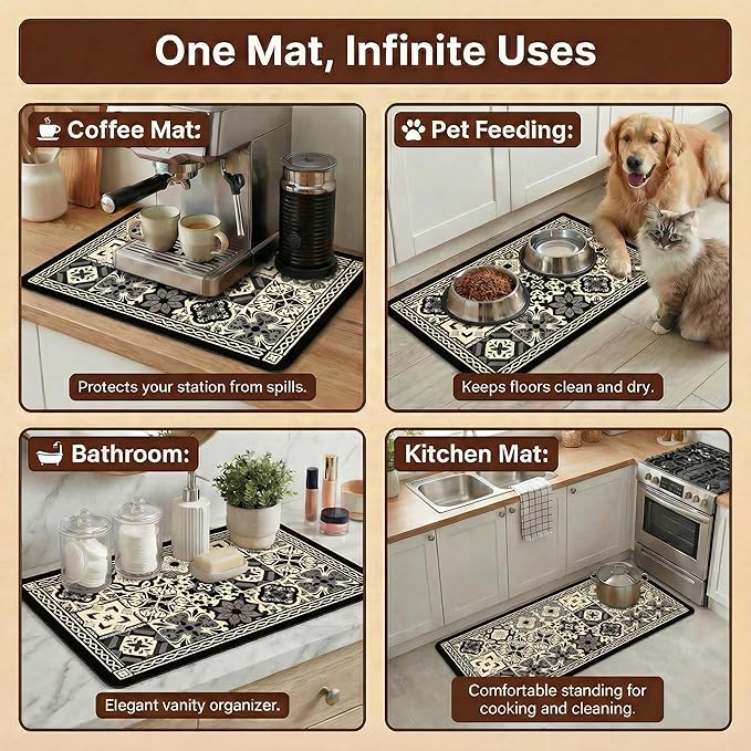 Boho Dish Drying Mat for Kitchen Counter - Super Absorbent Faux Leather Kitchen Mat, Quick Dry & Non-Slip Countertop Protector, Aesthetic Bohemian Decor for Coffee Bar (16"x21", Black)