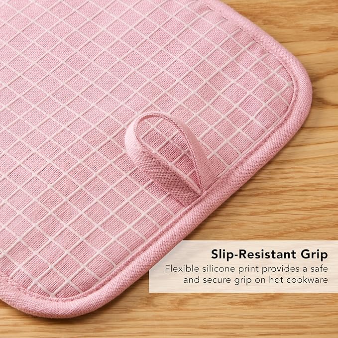 KITCHENAID Gourmet Series Gridlines Pot Holders 2-Pack Set, Heat Resistant up to 600°F, Soft Silicone Grip, Magnetic Cuff, Dried Rose, 8"x8" - Image 7
