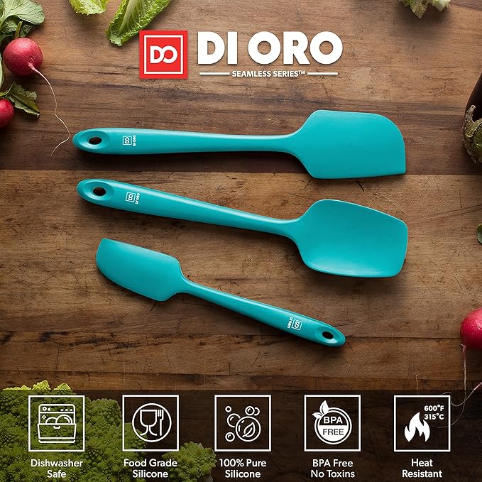 DI ORO Silicone Spatula Set - Rubber Kitchen Spatulas for Baking, Cooking, & Mixing - 600°F Heat-Resistant & BPA Free Silicone Scraper Spatulas for Nonstick Cookware - Dishwasher Safe (3pc, Teal) - Image 3