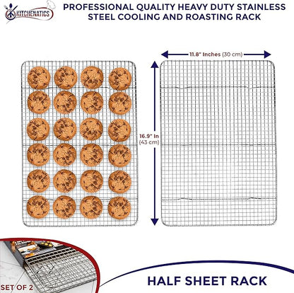 KITCHENATICS 100% Stainless Steel Cooling Racks for Baking & Roasting | Heavy-Duty Wire Grid Fits 13x18 Half Sheet Pans | Oven-Safe to 575°F for Crispy Bacon & Even Airflow | Dishwasher Safe, Set of 2