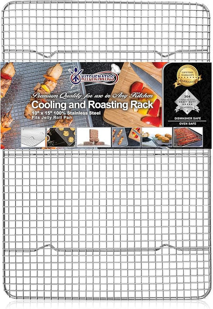 KITCHENATICS Jelly Roll Cooling Rack for Baking, Heavy-Duty Stainless Steel Baking Rack, Oven Safe Rack for Cooking, Food-Safe Bacon Rack, Cookie Cooling Rack Fits Jelly Roll Sheet Pan 10" x15" IN