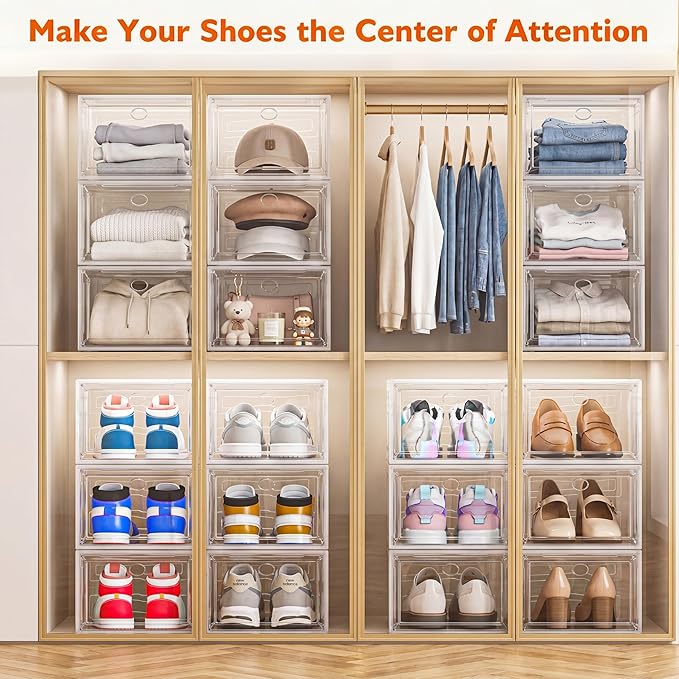 Thickened Clear Shoe Storage Organizer with Magnetic Door, Sturdy Stackable Shoe Boxes for Closet, Collapsible Space-Saving Shoe Rack for Sneakers & Boots, Plastic Shoe Cabinet Box Set, 6 Pack, White