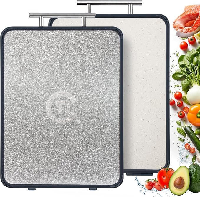 Titanium Cutting Board for Kitchen- Double Sided Chopping Board with Rotatable Feet, Textured Food-Grade Titanium Surface for Raw Meats & PP Surface for Produce – Easy to Clean (14.5" × 11", 1 Pack)