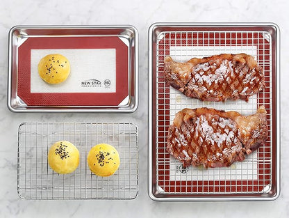 New Star Foodservice 1028768 Commercial-Grade Bun Pan/Baking Sheet, Baking Mat, Cooling Rack Combo, 1/8 and 1/4 Sizes Each