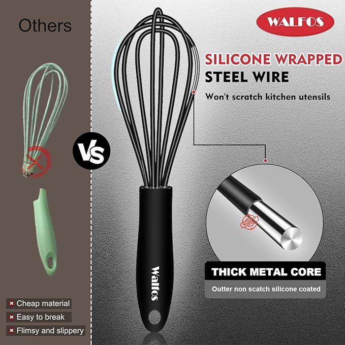 Walfos Whisk 5+7in/12cm+17cm Mini Whisk,Silicone Whisks Non Scratch Heat Resistant (480°F). Nice for stirring individual eggs and mixing small amounts of powder and sauce.Dishwasher Safe.Black - Image 9