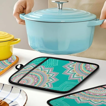 Turquoise Abstract Mandala Floral Pot Holders for Kitchen, Boho Colorful Ethnic Flower Botanical Heat Resistant Hot Pads and Oven Mitts for Baking Cooking，379 potholder - Image 5
