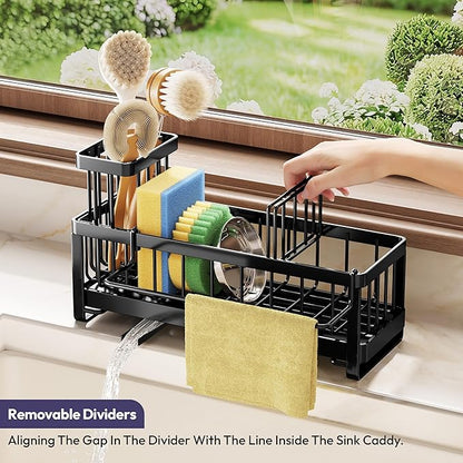 SWTYMIKI Sponge Holder for Kitchen Sink - Sink Caddy with Brush Holder Self-draining Sponge Caddy Organizer with Divider Stainless Steel Kitchen Accessories Storage for Countertop, Black - Image 4