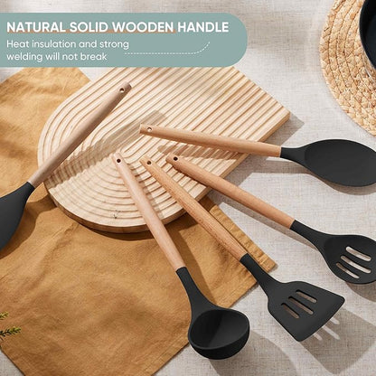 Herogo 5-Piece Cooking Utensils Set, Silicone Kitchen Utensils Set with Wooden Handle, Heat Resistant Cooking Tools Slotted Turner, Spoon, Soup Ladle, Spatula, Spoonula for Nonstick Cookware, Black - Image 8