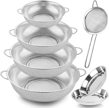 Colander Stainless Steel, 7 Piece Strainers and Colanders Set, Mesh Strainer Net Baskets with Handles, 2 Stainless Steel Plates and Fine Mesh Strainer for Kitchen Food Strain Drain Rinse Cooking by ATPWONZ