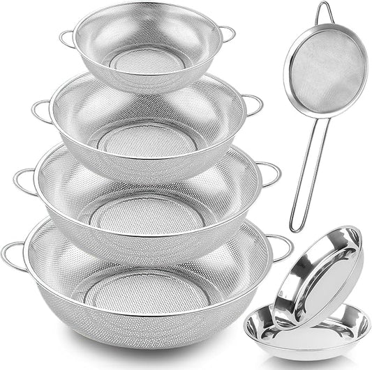 Colander Stainless Steel, 7 Piece Strainers and Colanders Set, Mesh Strainer Net Baskets with Handles, 2 Stainless Steel Plates and Fine Mesh Strainer for Kitchen Food Strain Drain Rinse Cooking by ATPWONZ