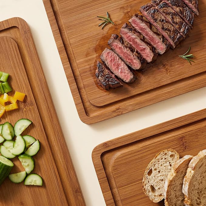 ROYAL CRAFT WOOD Wooden Cutting Boards for Kitchen Meal Prep & Serving - Bamboo Wood Cutting Board Set with Deep Juice Groove Side Handles - Charcuterie & Chopping Butcher Block for Meat (Set of 3)