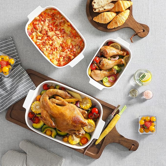 MALACASA Casserole Dishes for Oven, Ceramic Baking Dishes Set of 3, Rectangular Lasagna Pan Deep Baking Pans, Bakeware Sets with Handles Gift Set, White (13.8''/11.7''/9.4''), Series BAKE - Image 5
