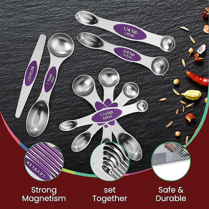 Magnetic Measuring Spoons Set of 9 Stainless Steel Dual-Sided Stackable Measuring Spoon Nesting Teaspoons Measuring Dry and Liquid Ingredients, Fits in Spice Jars Set of 9 (Purple) - Image 6