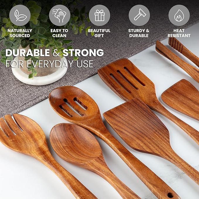Zulay Kitchen Teak Wood Utensil Set – 7 Piece Wooden Cooking Utensils – Slotted Spoon, Bowl Scraper, Solid & Slotted Turner, Salad Spoon, Fork & Tongs – Durable, Nonstick Safe & Smooth Finish - Image 4