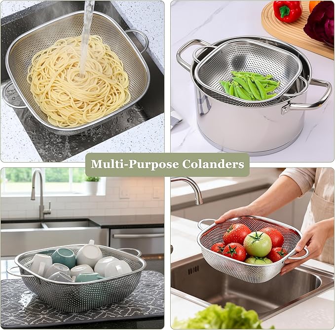 E-far 6QT Stainless Steel Colander with Handle - Square Metal Kitchen Strainer for Pasta & Vegetable Draining, Micro-Perforated & Elevated Feet, Dishwasher Safe - Image 4