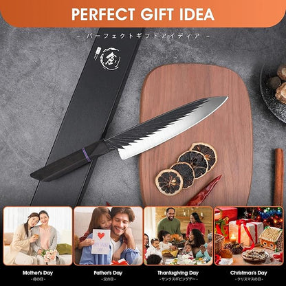 ROCOCO Japanese Chef Santoku Knife - Hand Forged Sharp Cooking Knives Meat Cleaver Professional for Home Kitchen 7.5" Father Mother Birthday Christmas Gift