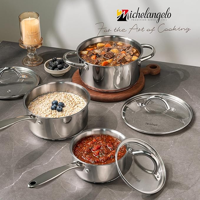 MICHELANGELO Saucepan Set 6pc, 18/10 Stainless Steel Saucepans with Lids, Tri-Ply Bottom, Dual Handle 3QT, Induction Compatible Sauce Pots, 1QT & 2QT & 3QT - Image 7