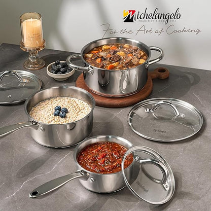 MICHELANGELO Saucepan Set 6pc, 18/10 Stainless Steel Saucepans with Lids, Tri-Ply Bottom, Dual Handle 3QT, Induction Compatible Sauce Pots, 1QT & 2QT & 3QT - Image 7