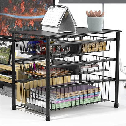 Simple Houseware Stackable 3 Tier Sliding Basket Organizer Drawer, Black