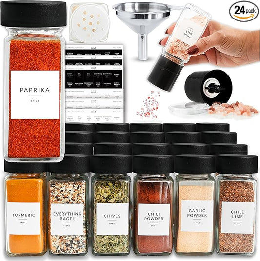 SAVVY & SORTED Glass Spice Jars with Label 24 PK - 4 Oz Spice Containers with 374 Minimalist Preprinted Labels Stickers, Pepper Grinder Funnel Shaker Lids, Empty Seasoning Containers Bottles by SAVVYSORTED%C2%AE