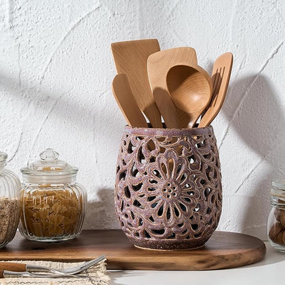 Farmhouse Kitchen Utensil Holder for Kitchen Counter, Ceramic Large Cooking Utensil Crock with Cork Mat, Countertop Cooking Tool Spatula Organizer, Purple Antique Design